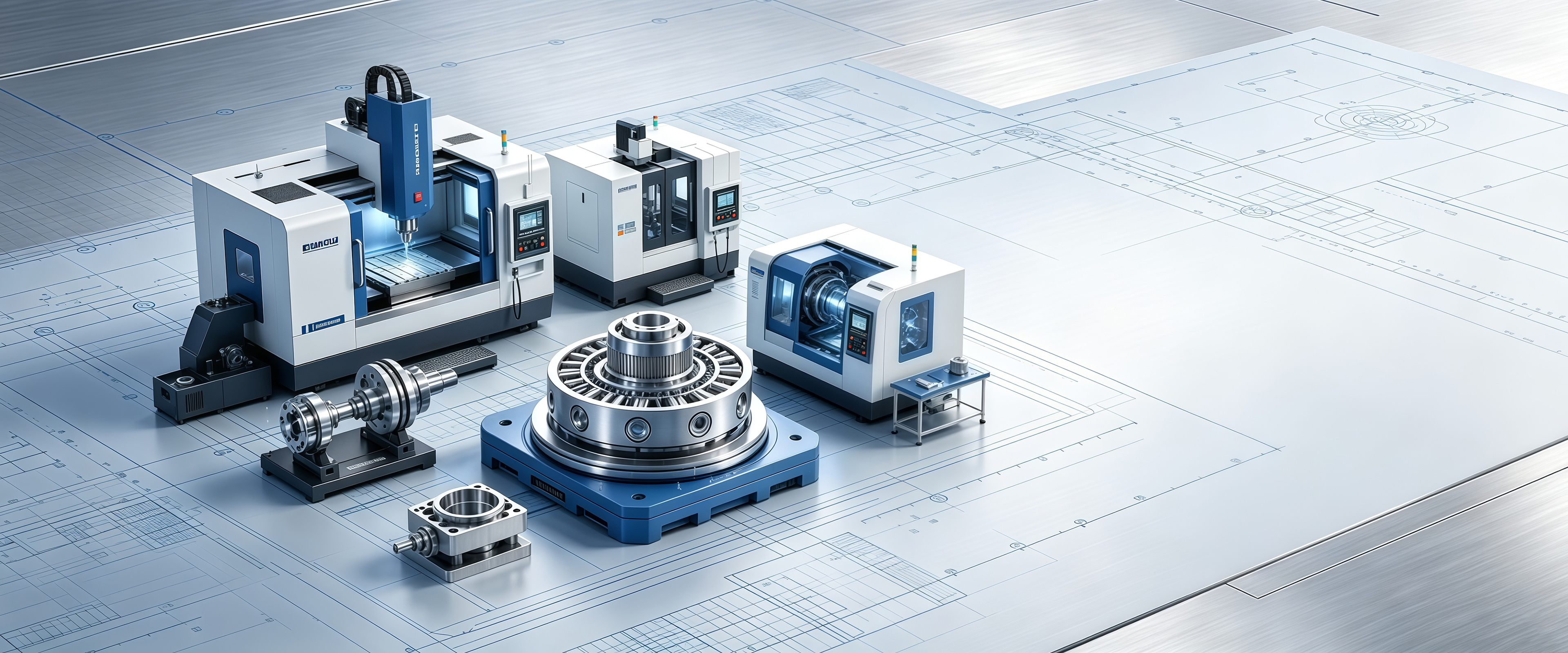 CNC machining equipment and precision-machined components arranged on a technical blueprint surface