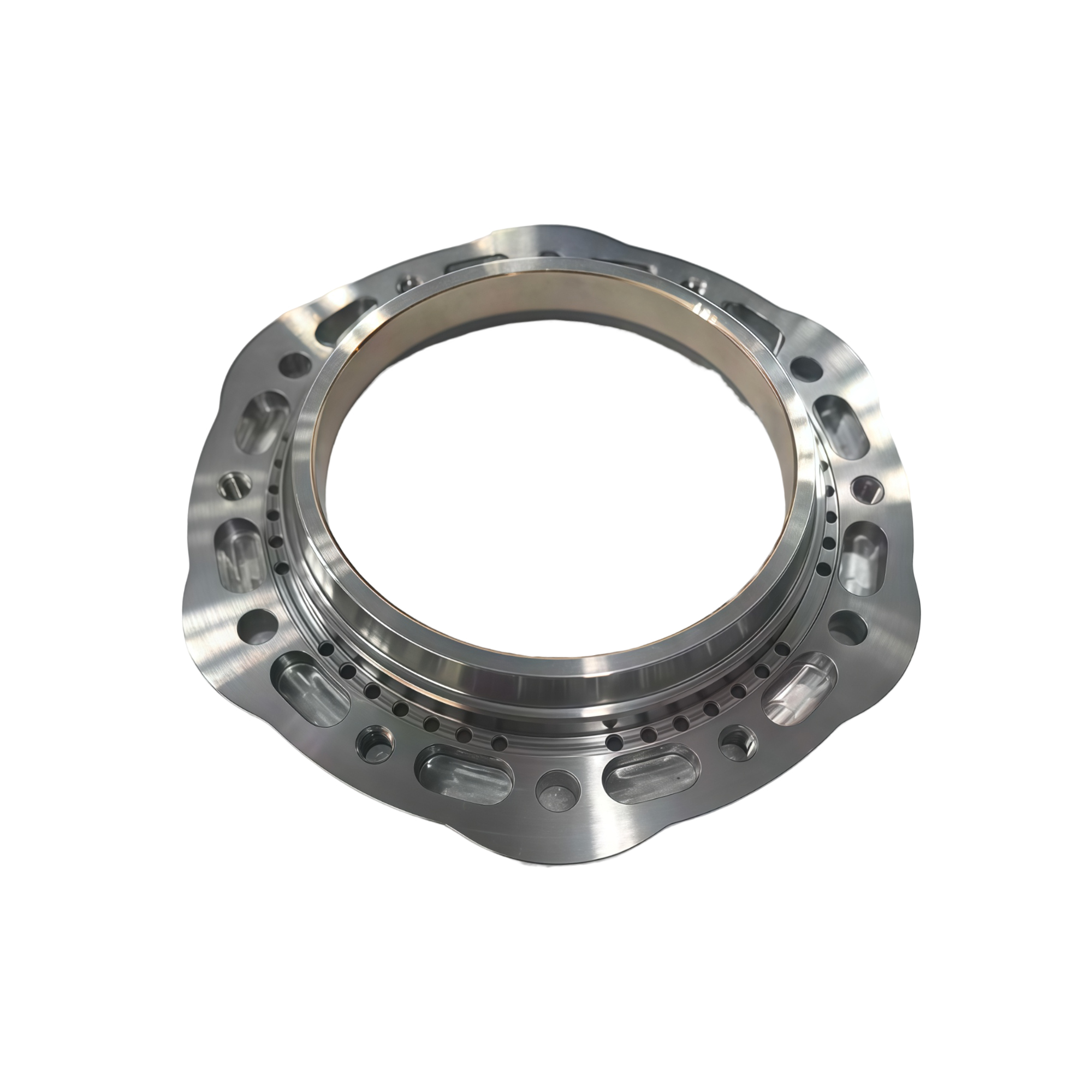 Machined ring-form mounting base with a precision bore and mounting holes on a clean white background
